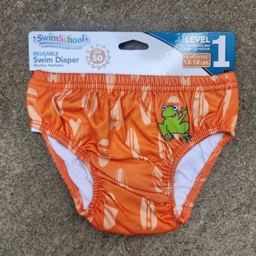 Swim School Swim Diaper Reusable Boy Orange Frog Graphic Size 6 Months 13-18lbs
